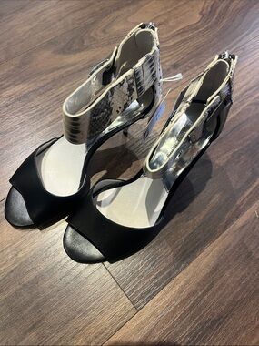 Michael Kors Black Open-Toe Heels with Snake-Print Ankle Cuff